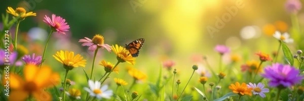 Fototapeta Vibrant wildflowers, butterflies, and bees in a sun-drenched meadow , stock, illustration