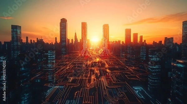 Fototapeta Sunrise over a futuristic cityscape network.