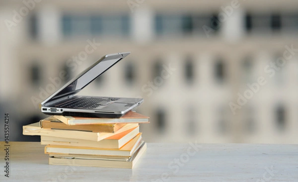 Obraz Laptop computer and stack of books ,blurred office building as background.Beat the clock,office work,education concept.Free copy space.
