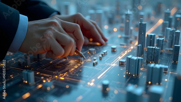 Fototapeta Hand Adjusts Lighting in 3D City Model, Interface Sliders and Shadows