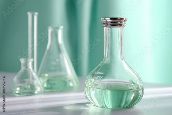 Fototapeta Lab Equipment Clear Glassware with Solution for Scientific Experiments Studies