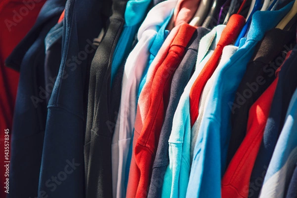 Obraz Rack of colorful hoodies hang closely together, creating a vibrant display. Lighting highlights the fabric textures, suggesting a casual shopping or market setting