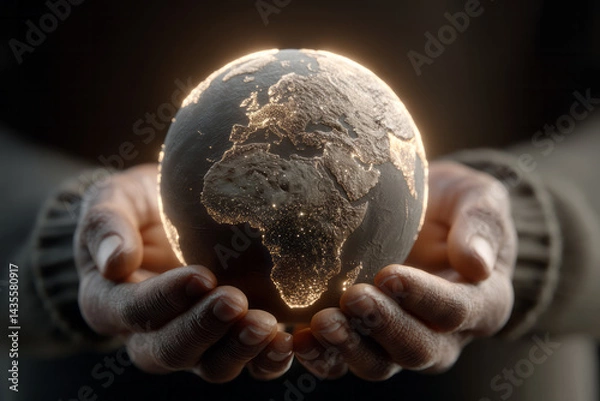 Fototapeta Two hands holding a glowing earth in darkness,