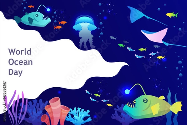 Fototapeta World Oceans Day. Jellyfish. Underwater world. Template for presentation, banner, poster. Space for text. EPS 10