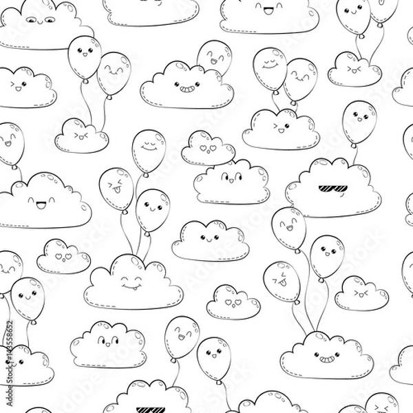 Obraz Vector seamless pattern with clouds and balloons. Happy spring clouds fly. Anti-stress coloring page for adults