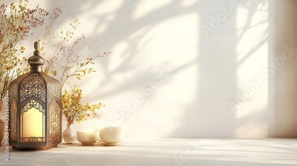 Fototapeta Ramadan lantern with flowers, and sunlight.