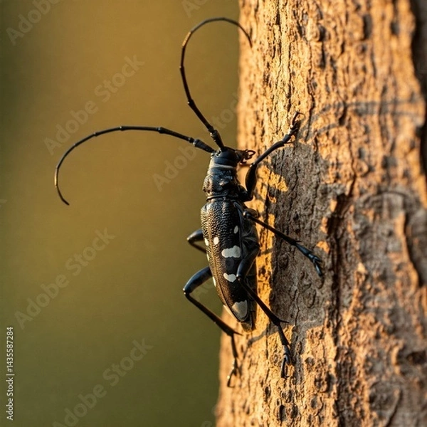Fototapeta Macro of Asian Longhorn Beetle on Maple Tree, White Spots, Long Antennae, Soft Focus Morning Light