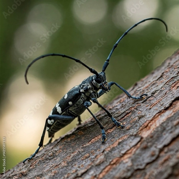 Fototapeta Macro of Asian Longhorn Beetle on Maple Tree, White Spots, Long Antennae, Soft Focus Morning Light