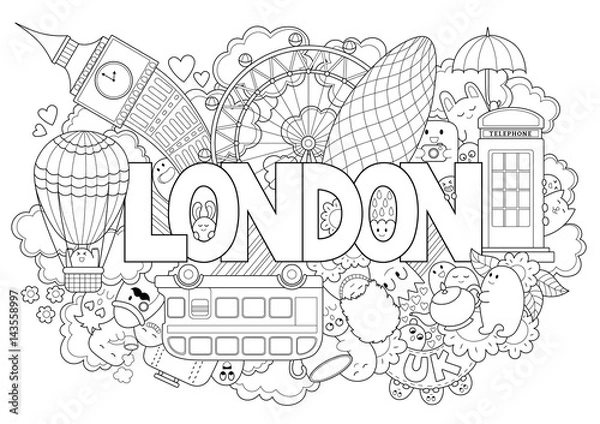 Obraz Abstract background with hand drawn text London. Hand lettering. Template for advertising, postcards, banner, web design, printing on clothes. Set of cartoon characters. Line art detailed