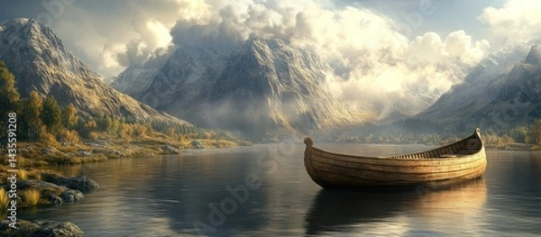 Fototapeta Wooden boat on serene lake, mountains in background