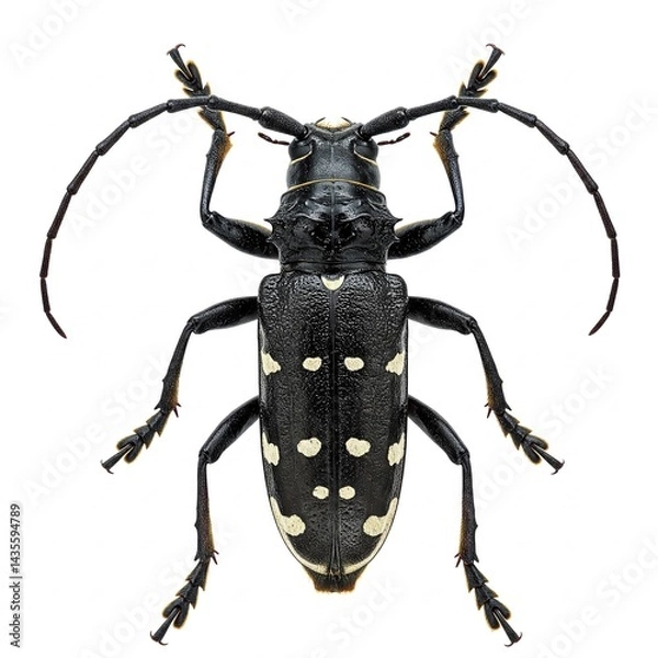 Fototapeta Asian Longhorn Beetle Macro, Maple Tree Trunk, White Background, Soft Focus Morning Light