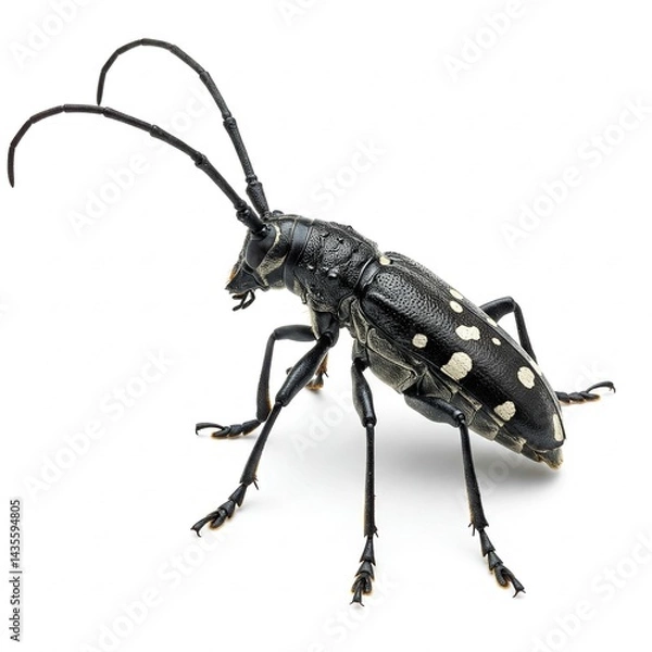 Fototapeta Macro of Asian Longhorn Beetle on Maple Tree, White Spots, Long Antennae, White Isolated Background