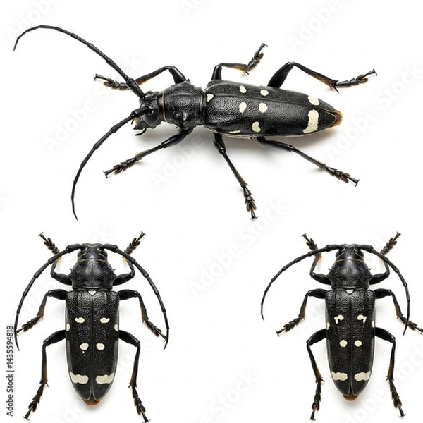 Fototapeta asian beetle macro, longhorn beetle closeup, anoplophora glabripennis macro, black beetle, white spots beetle, maple tree pest