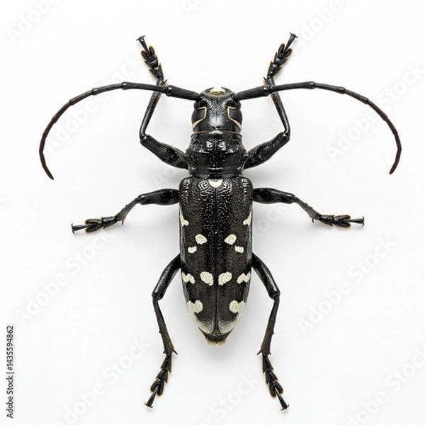 Fototapeta Macro of Asian Longhorn Beetle on Maple Tree, White Spots, Long Antennae, White Isolated Background