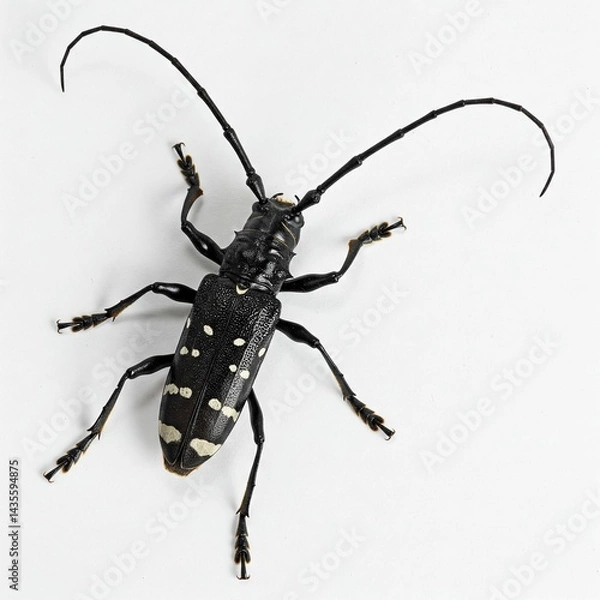 Fototapeta asian longhorn beetle, anoplophora glabripennis, maple tree trunk, insect macro, beetle closeup, white background
