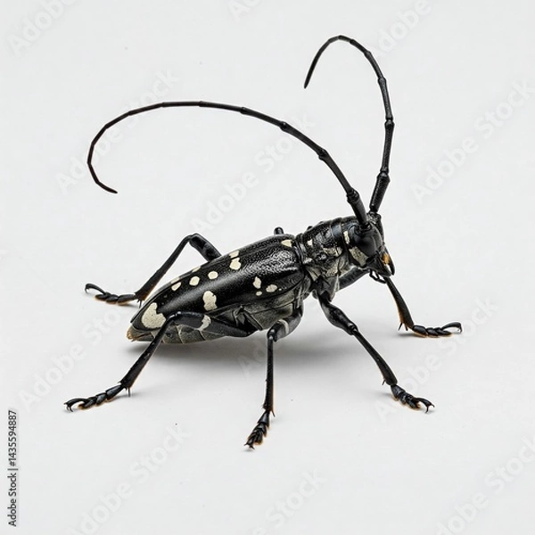 Fototapeta asian beetle macro, longhorn beetle closeup, anoplophora glabripennis macro, black beetle, white spots beetle, maple tree pest