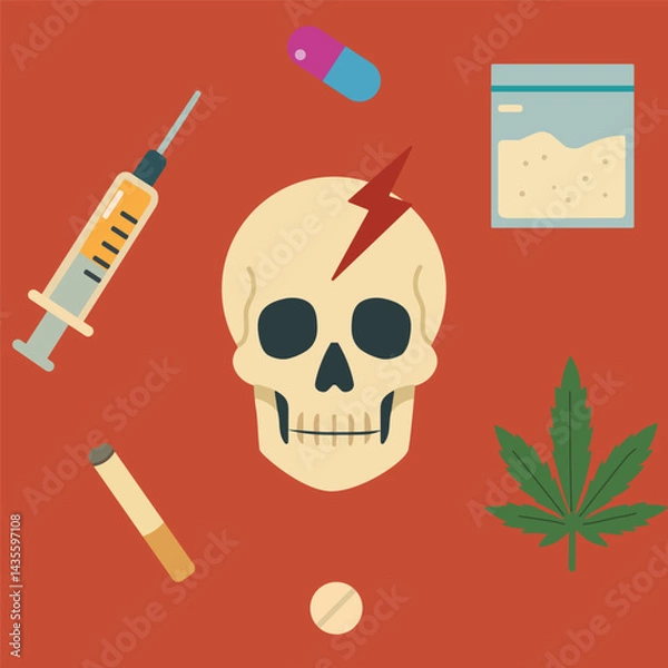 Fototapeta vector illustration, drug kills poster. In vector flat style. On background several types of drugs cocaine heroin heroin cigarette pills syringe and human skull as a sign of death.
