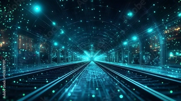 Fototapeta Futuristic neon tunnel with receding railway tracks converging on a bright light. Virtual cityscapes adorn the sides, creating a virtual reality. Abstract wireframe in dark blue