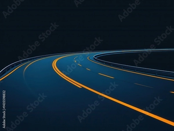 Fototapeta Dark blue highway curves gently, illuminated by bright orange lane markings against a black background.  The road appears smooth and modern