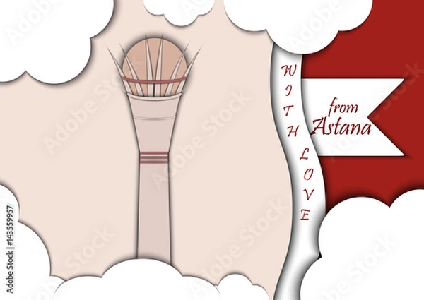 Fototapeta Paper applique style vector illustration. Card with application of The Baiterek monument in Astana, Kazakhstan, decorated with text from Siberia with love. Postcard
