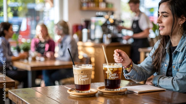 Fototapeta The cafe buzzed with customers sipping on their refreshing cold brew coffees.