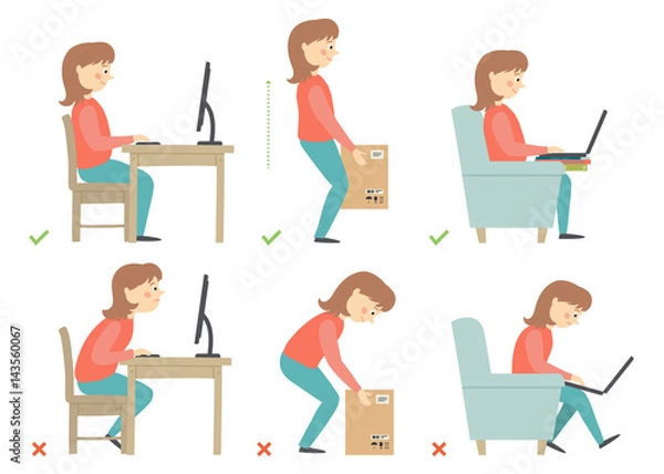 Obraz Woman cartoon character. Correct and Incorrect Activities Posture in Daily Routine - Sitting and Working with a Computer, Lifting Weight.
