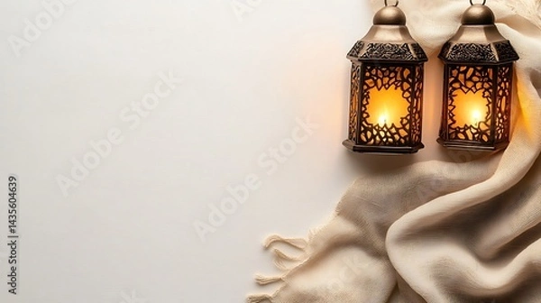 Obraz Lit lanterns with beige fabric, and white background.