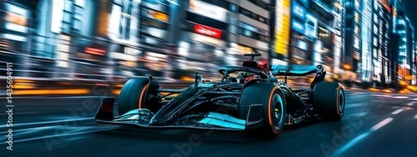 Fototapeta High-Speed  Racing  car Through Neon City Streets at Night with Motion Blur and Futuristic Lights
