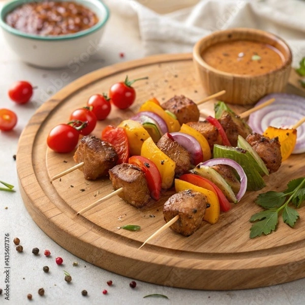 Fototapeta Grilled Pork and Vegetable Skewers on Wooden Platter with Dipping Sauce and Fresh Garnishes