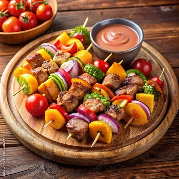 Fototapeta Grilled Pork and Vegetable Skewers on Wooden Platter with Dipping Sauce and Fresh Garnishes