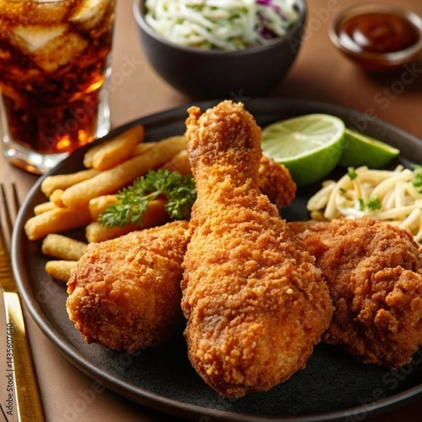 Fototapeta Crispy Fried Chicken Drumstick Meal with French Fries, Green Beans, Coleslaw, and Soda