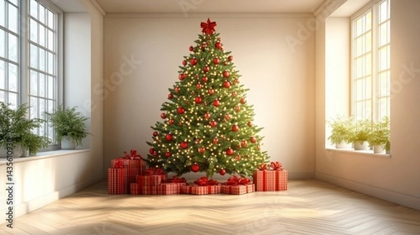 Fototapeta Minimalistic room interior design featuring lush christmas tree