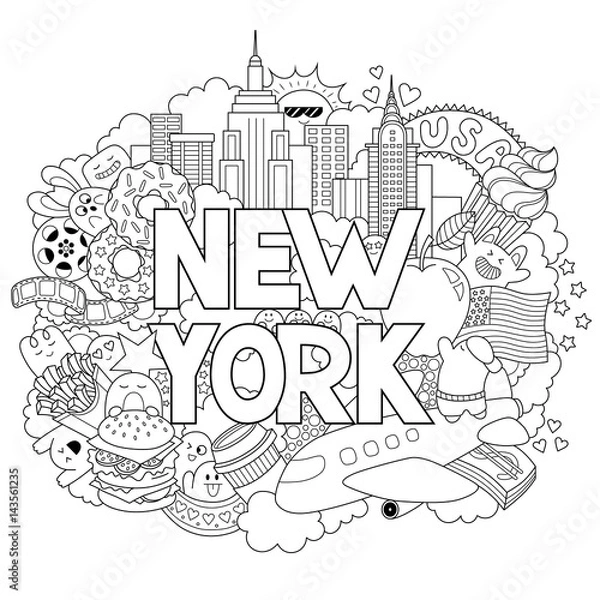 Obraz Vector doodle illustration showing Architecture and Culture of New York. Abstract background with hand drawn text New York. Template for advertising, postcards, banner, web design. Hand lettering