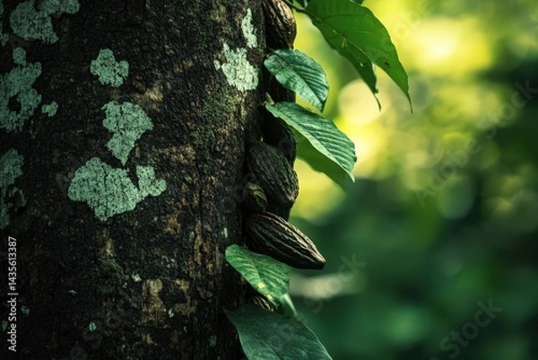 Fototapeta Close-up of Cacao Pods Growing on Tree in Shaded Plantation, Ilheus