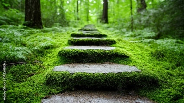 Fototapeta A serene walkway of stone steps covered in vibrant moss, nestled in a lush green forest, representing tranquility, nature, and peaceful exploration.