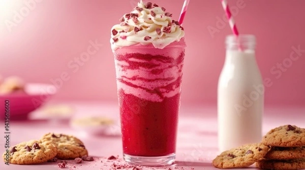 Fototapeta Pink and White Chocolate Chip Milkshake with Cookies