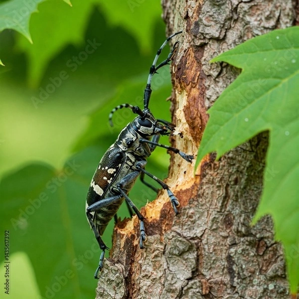 Fototapeta Close-up of Asian Longhorn Beetle Damaging Maple Tree in Wild