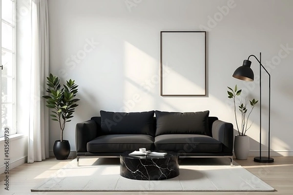 Fototapeta Black Leather Sofa in Minimalist Living Room with Marble Coffee Table                                                                                 