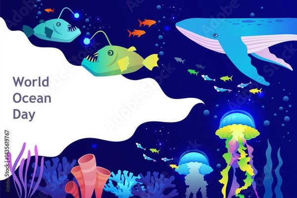 Fototapeta World Oceans Day. Jellyfish. Whale. Underwater world. Template for presentation, banner, poster. Frame for text. EPS 10