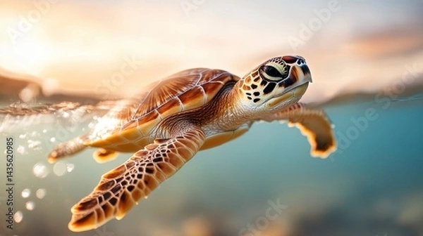 Fototapeta A captivating sea turtle rising towards the sunlit surface of the water, symbolizing hope and freedom while representing the beauty of marine life and ecosystems.