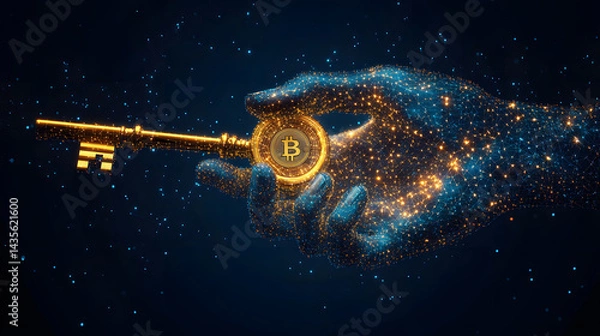 Fototapeta A futuristic, glowing blue and gold hand holds a golden Bitcoin key against a starry night. The image conveys security, innovation, and digital currency access. Abstract wireframe in dark blue