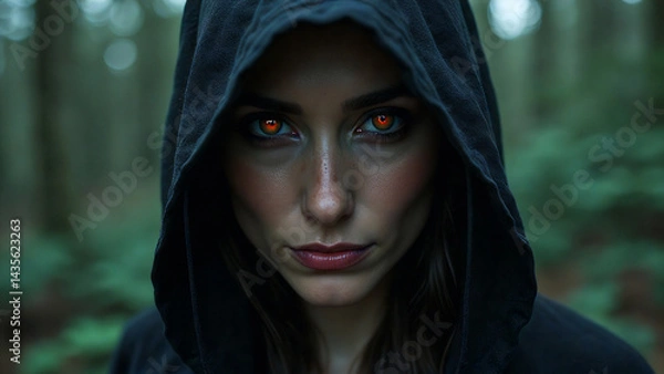 Fototapeta A portrait of a powerful sorceress, her lips curled in a mysterious smile, her eyes glowing with arcane energy and a dark forest surrounding her.


