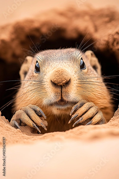 Obraz Close-up of a curious groundhog peeking out of his burrow at dawn.