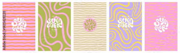 Fototapeta Summer backgrounds collection. Hello it's summer time hand lettering. Hand drawn waves, twisted wavy stripes, uneven strokes, deformed organic lines funky groovy hippie doodle rectangle patterns set.