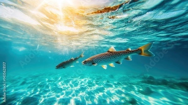 Fototapeta This mesmerizing image depicts two brown trout swimming gracefully through clear waters, highlighting the peace and beauty of underwater life within its natural environment.