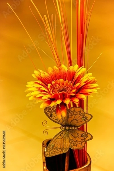 Obraz Rotgelbe Gerbera in Ziervase mit Dekoschmetterling