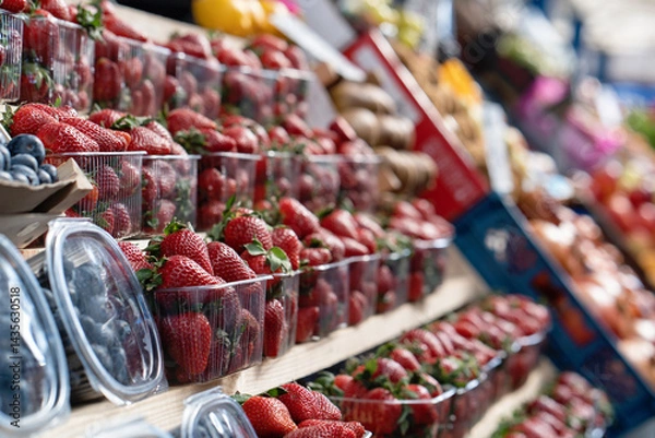 Fototapeta Close-up of ripe strawberries for sale on market stall. Fresh strawberries in plastic cups displayed at a street market stall