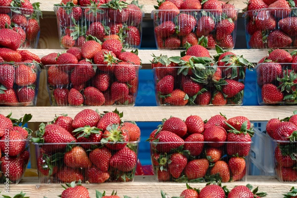 Fototapeta Close-up of ripe strawberries for sale on market stall. Fresh strawberries in plastic cups displayed at a street market stall