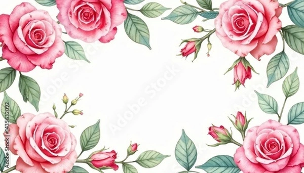 Obraz Delicate watercolor roses & leaves, repeating pattern, petal, green