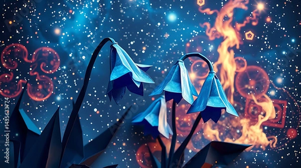 Fototapeta majestic cosmic bluebells flowers in the galaxy, created by generative ai